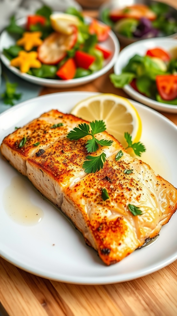 Crispy air fryer salmon fillets garnished with parsley and lemon on a plate.